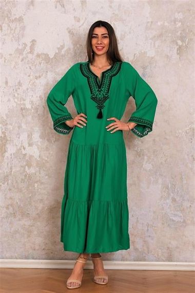 Markano Green Collar Embroidered Sleeve Flounce Embroidered Layered Long Dress - photo 1