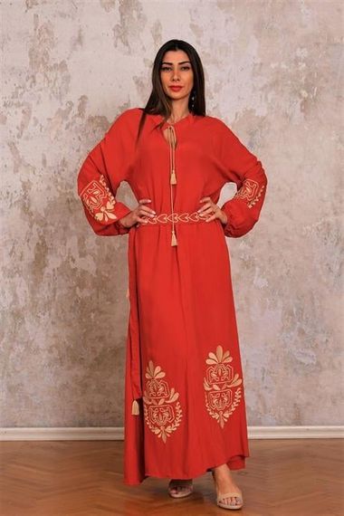 Markano Brick Color Balloon Sleeve Belted Halter Neck Long Dress with Embroidered Sleeves and Hem - photo 2