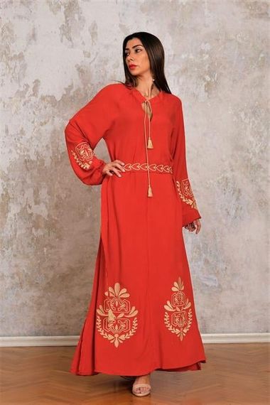 Markano Brick Color Balloon Sleeve Belted Halter Neck Long Dress with Embroidered Sleeves and Hem - photo 3