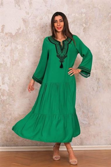 Markano Green Collar Embroidered Sleeve Flounce Embroidered Layered Long Dress - photo 2