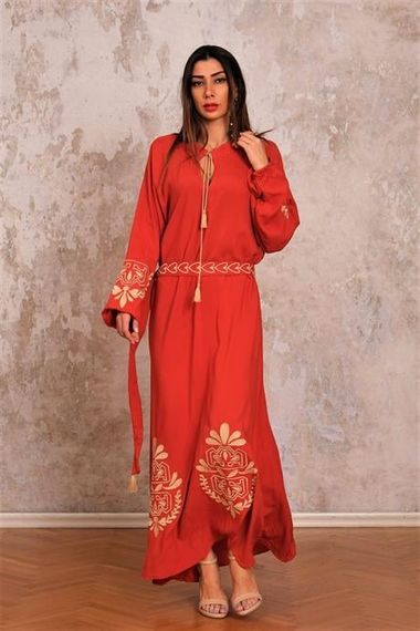 Markano Brick Color Balloon Sleeve Belted Halter Neck Long Dress with Embroidered Sleeves and Hem - photo 4