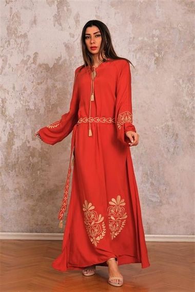 Markano Brick Color Balloon Sleeve Belted Halter Neck Long Dress with Embroidered Sleeves and Hem - photo 1