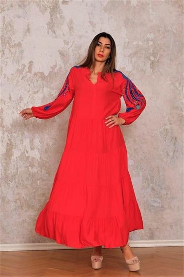 Markano Red V-Neck Sleeves Embroidered Tasseled Long Dress - photo 4