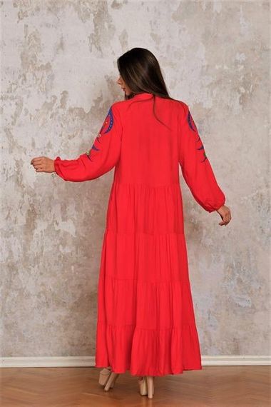 Markano Red V-Neck Sleeves Embroidered Tasseled Long Dress - photo 5