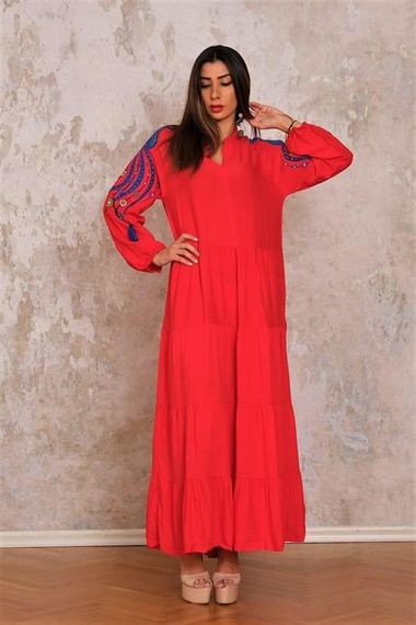 Markano Red V-Neck Sleeves Embroidered Tasseled Long Dress - photo 3