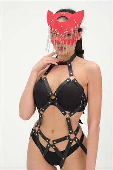 Markano Kırmızı Zincir Maskeli Deri Harness Babdoll Takım 800161