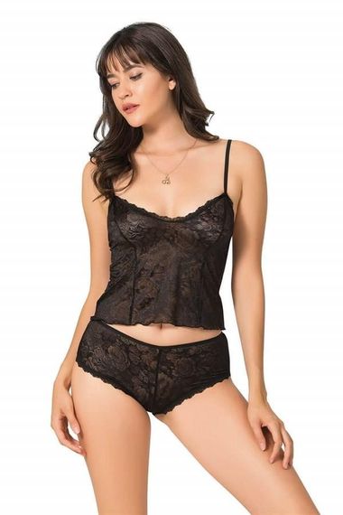 Markano  Siyah Jakarlı Babydoll Şort Takımı