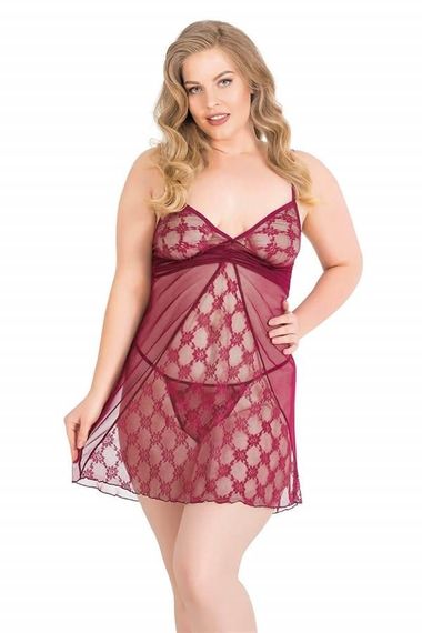 Тюлева нічна сорочка Markano 2XL, 3XL, 4XL бордового кольору, 100% поліестер, без шкідливих речовин, упаковка з 2 частин - фото 1