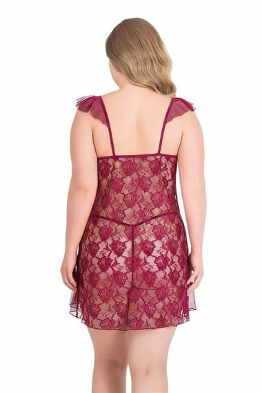 Markano  Büyük Beden Bordo Kısa Tül Gecelik