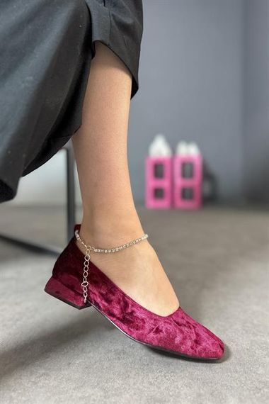 Markano Burgundy Velvet Fabric Women's Ballerina Flat with Accessory