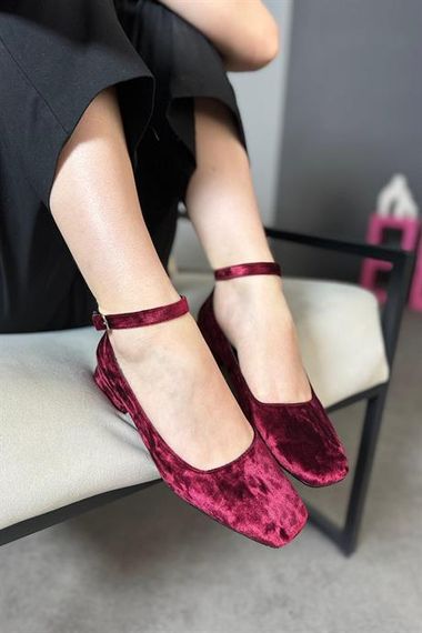 Markano Burgundy Velvet Fabric Women's Ballerina Flat with Accessory