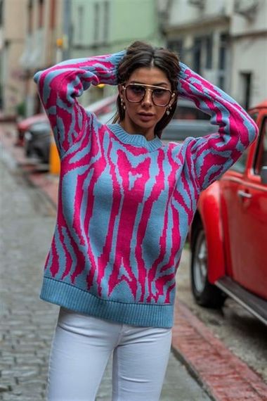 Markano Mavi Fuşya Desenli Sıfır Yaka Triko Kazak - photo 5