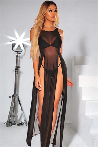 Markano   Siyah Yanlardan Yırtmaçlı Uzun Fantezi Gecelik