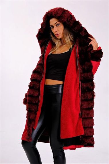 Markano Bordo Su Geçirmez Kapüşonlu İçi Kürklü Uzun Kaban - fotoğraf 2