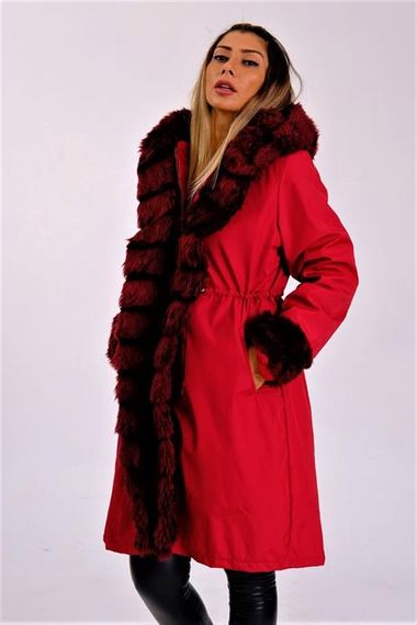 Markano Bordo Su Geçirmez Kapüşonlu İçi Kürklü Uzun Kaban - fotoğraf 4