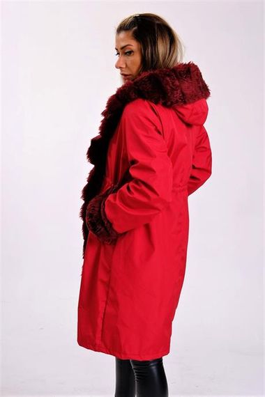 Markano Bordo Su Geçirmez Kapüşonlu İçi Kürklü Uzun Kaban - fotoğraf 5