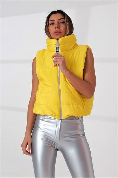 Markano Sarı Dik Yaka Beli Lastikli Cepli Kısa Şişme Yelek - fotoğraf 2