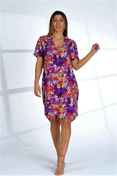 Markano Purple Floral V-Neck Short Sleeve Pocket Knee Length Dress - photo 2