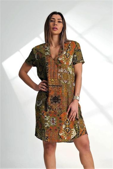 Markano Green Patchwork Patterned V-Neck Short Sleeve Pocket Knee Length Dress - photo 3