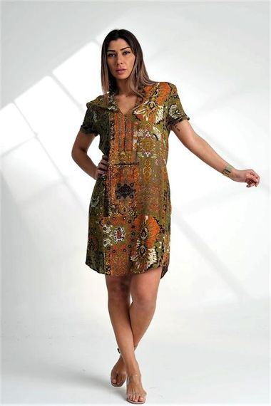 Markano Green Patchwork Patterned V-Neck Short Sleeve Pocket Knee Length Dress - photo 2