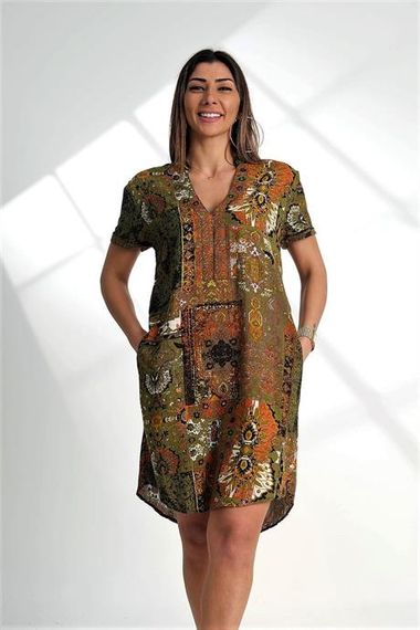 Markano Green Patchwork Patterned V-Neck Short Sleeve Pocket Knee Length Dress - photo 1