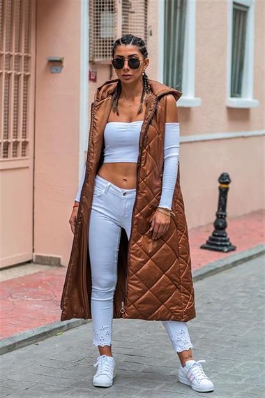 Markano Brown Hooded Pocketed Diamond Pattern Long Puffer Vest - photo 2