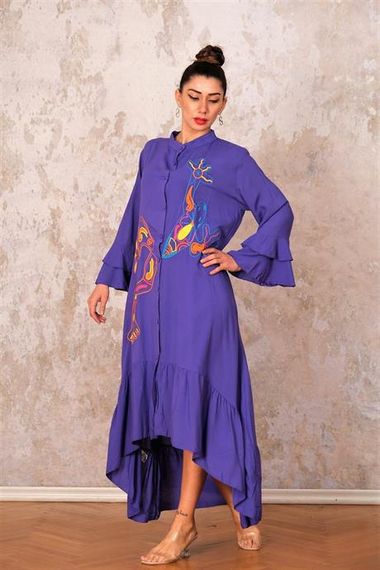 Markano Purple High Collar Sleeves and Frilly Hem Pockets Embroidered Oversize Long Dress - photo 3