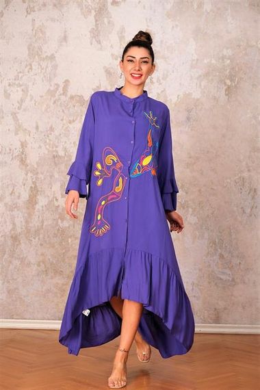 Markano Purple High Collar Sleeves and Frilly Hem Pockets Embroidered Oversize Long Dress - photo 1