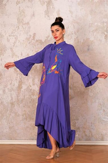 Markano Purple High Collar Sleeves and Frilly Hem Pockets Embroidered Oversize Long Dress - photo 2