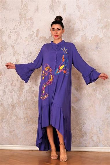 Markano Purple High Collar Sleeves and Frilly Hem Pockets Embroidered Oversize Long Dress - photo 5