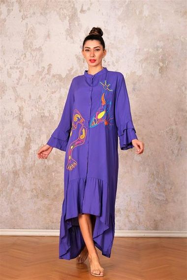 Markano Purple High Collar Sleeves and Frilly Hem Pockets Embroidered Oversize Long Dress - photo 4