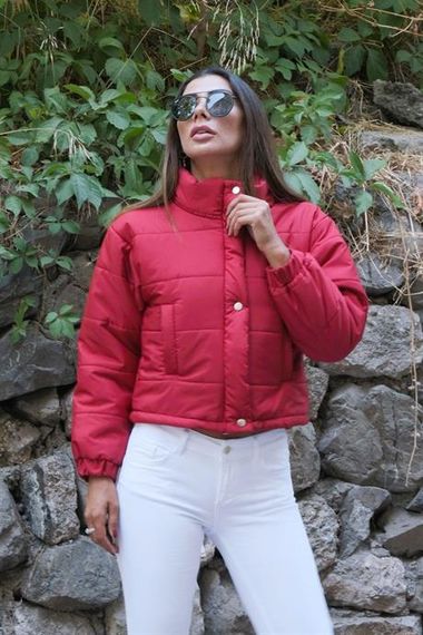 Markano Burgundy High Collar Snap Fastener Short Puffer Coat - photo 2