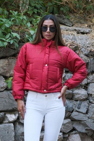 Markano Burgundy High Collar Snap Fastener Short Puffer Coat - photo 4