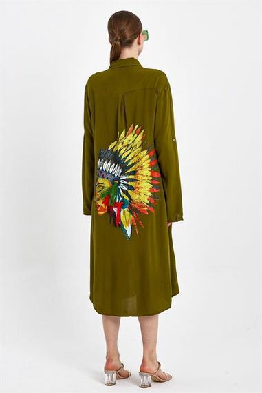 Markano Haki Sırtı Kızılderili Baskılı 3D Çiçek Nakışlı Püsküllü Uzun Gömlek Elbise - photo 1