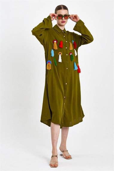 Markano Haki Sırtı Kızılderili Baskılı 3D Çiçek Nakışlı Püsküllü Uzun Gömlek Elbise - photo 5