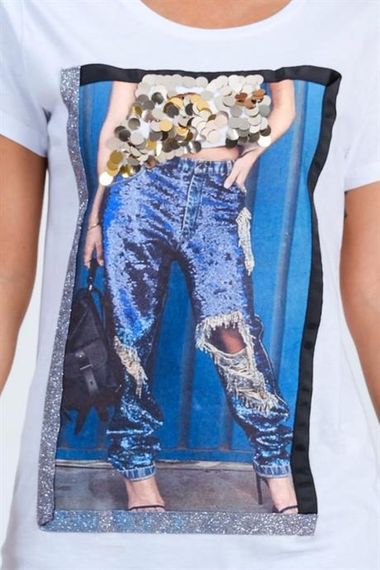 Markano Beyaz Baskılı Pul İşlemeli Sim Şeritli T-Shirt - photo 2
