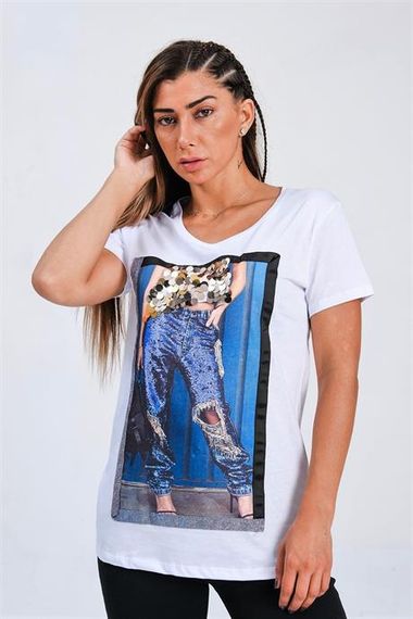 Markano Beyaz Baskılı Pul İşlemeli Sim Şeritli T-Shirt - photo 1