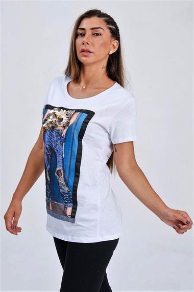 Markano Beyaz Baskılı Pul İşlemeli Sim Şeritli T-Shirt - photo 4