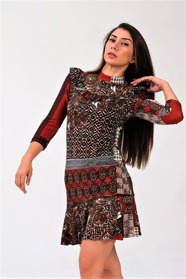 Markano Bordo Patchwork Uzun Kollu Fırfır Detaylı Kısa Elbise - fotoğraf 2