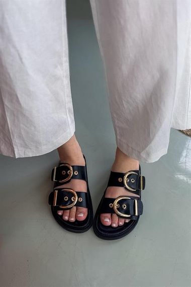 Markano Boris Siyah Çift Toka Detaylı Kadın Terlik - фото 1