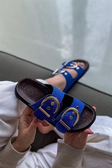 Markano Boris Mavi Çift Toka Detaylı Kadın Terlik