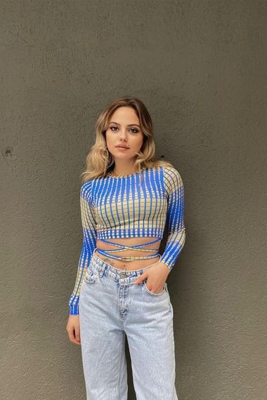 Dijital Baskı Belden Bağlamalı Uzun Kollu Croptop - صورة 4