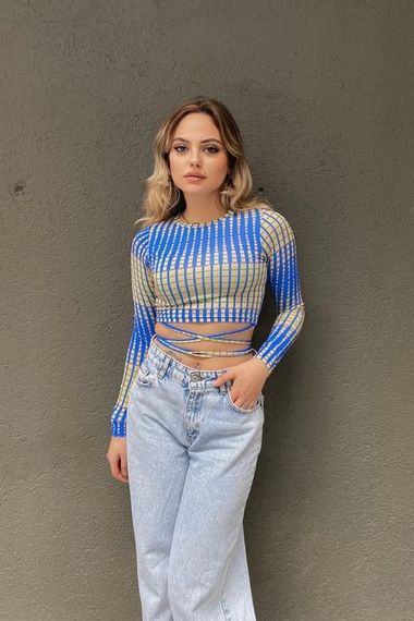 Dijital Baskı Belden Bağlamalı Uzun Kollu Croptop - صورة 5