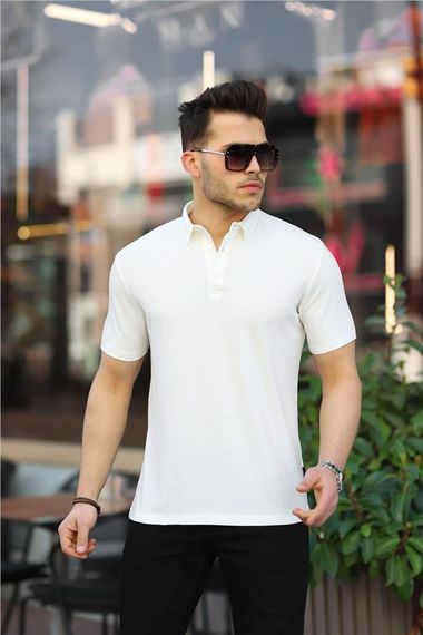 Jakarlı Polo Yaka T-shirt - Beyaz - fotoğraf 1