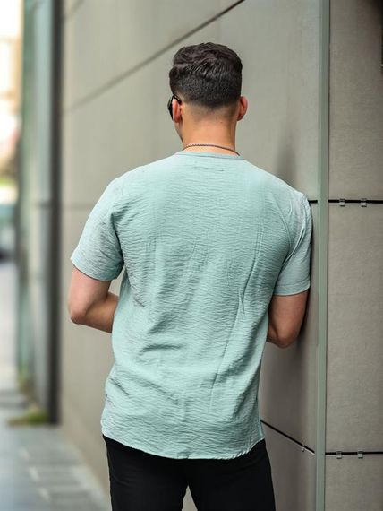 Рубашка с V-образным вырезом и карманами - зеленая - фото 3