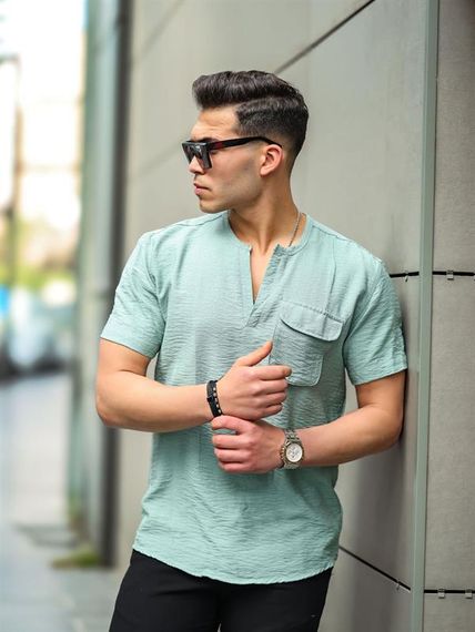 V-Neck Fit Shirt with Pocket Detail - Green - photo 1
