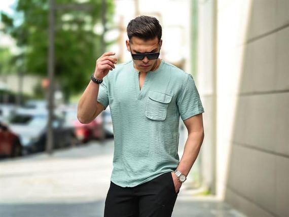 V-Neck Fit Shirt with Pocket Detail - Green - photo 4