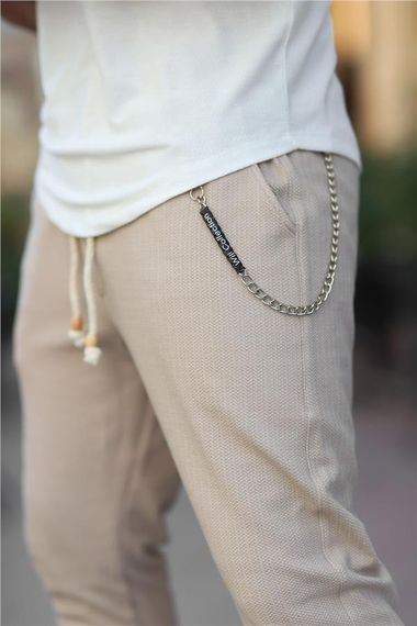 Трикотажні штани з візерунком на ланцюжку з еластичною талією - бежеві - фото 3