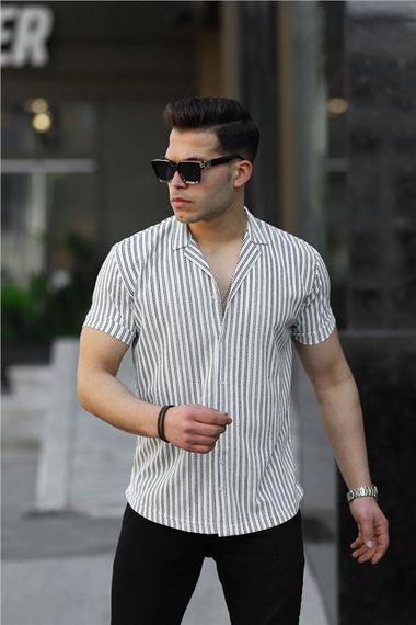 Striped Bowling Collar Short Sleeve Shirt - photo 1