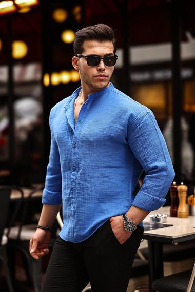 Рубашка оверсайз из муслиновой ткани с воротником наполовину и воротником - Парламентский синий - фото 1